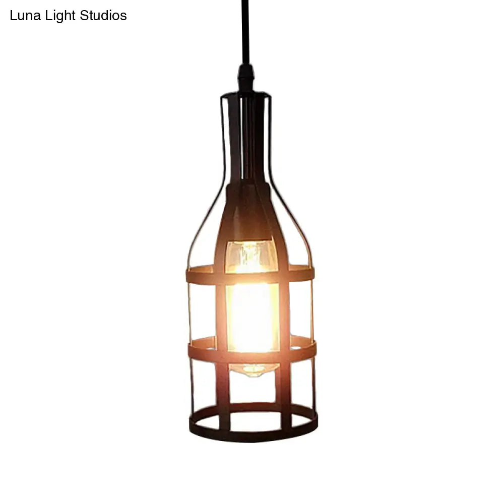 Industrial Wire Caged Metal Hanging Pendant Light With Wine Bottle Design - Black/Antique Brass