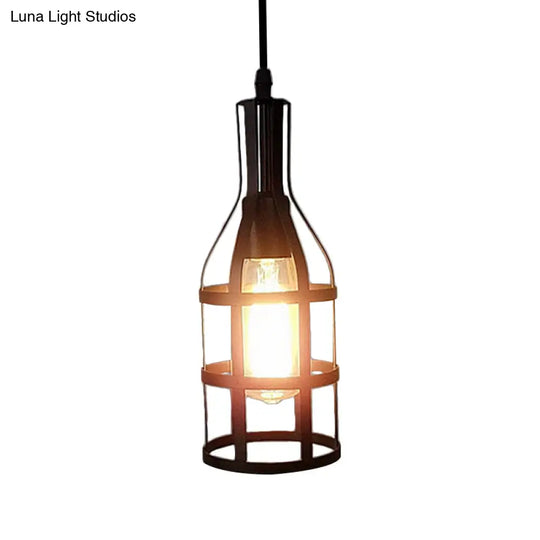 Industrial Wire Caged Metal Hanging Pendant Light With Wine Bottle Design - Black/Antique Brass