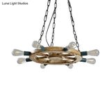 Industrial Wood 8-Light Wheel Chandelier With Black Chain - Dining Room Ceiling Fixture