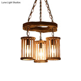 Industrial Wood And Black Cylinder Chandelier With 3 Lights Chain For Dining Room