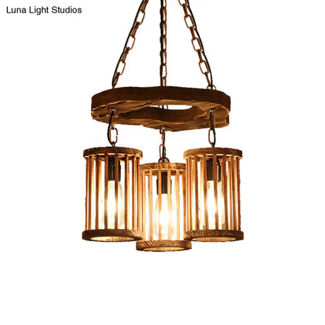 Industrial Wood And Black Cylinder Chandelier With 3 Lights Chain For Dining Room