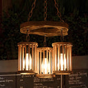 Industrial Wood And Black Cylinder Chandelier With 3 Lights Chain For Dining Room