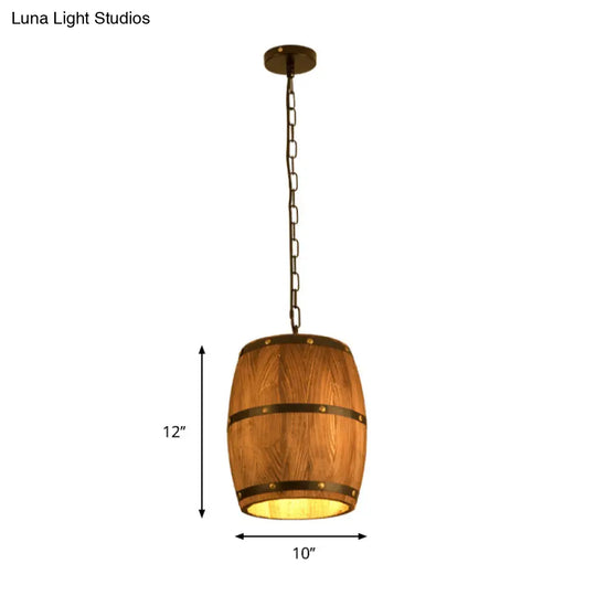 Industrial Wood Barrel Pendant Light In Brown - Creative Hanging Fixture