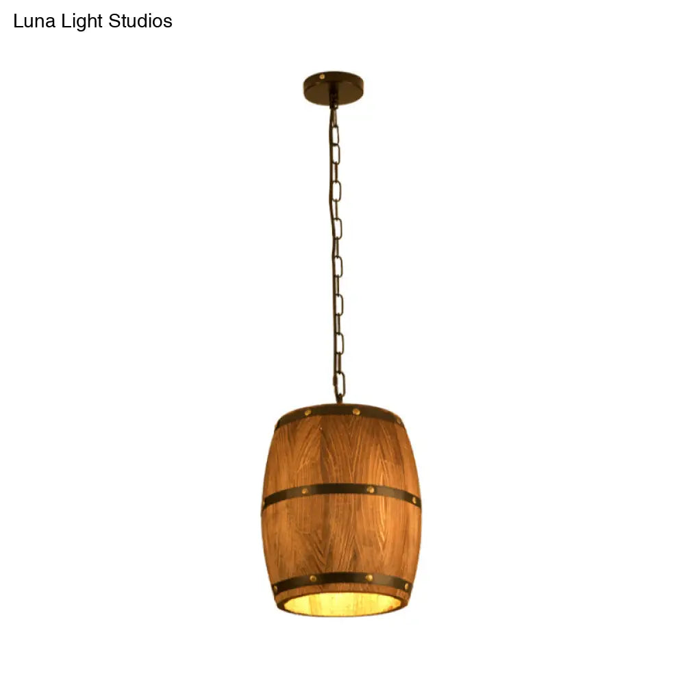 Industrial Wood Barrel Pendant Light In Brown - Creative Hanging Fixture