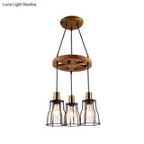 Industrial Wood Bell Cage Pendant Light With Brass Accents - 3/6 Lights For Living Room