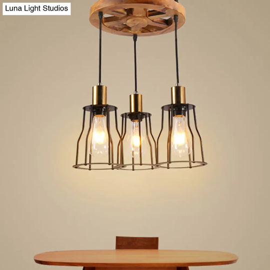 Industrial Wood Bell Cage Pendant Light With 3/6 Brass Lights For Living Room 3 /
