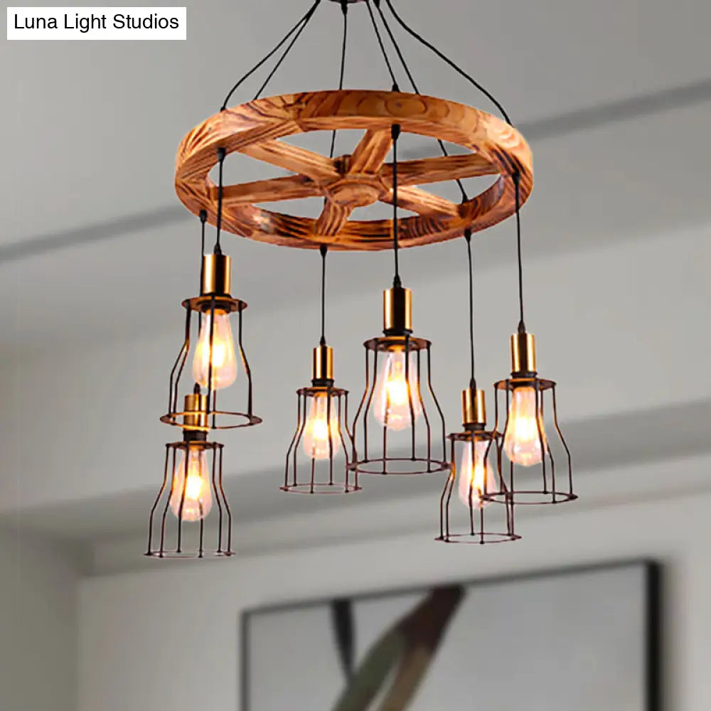 Industrial Wood Bell Cage Pendant Light With 3/6 Brass Lights For Living Room