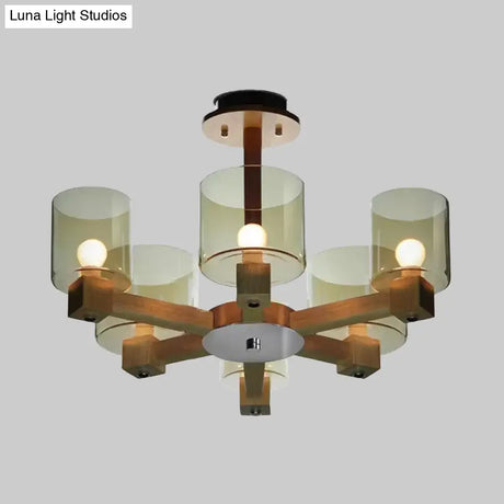 Industrial Wood Cylinder Chandelier With Radial Design - 4/6/8 Lights Amber Glass Hanging Pendant