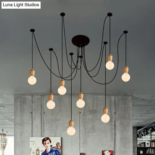 Industrial Wood Swag Pendant Lamp With Exposed Bulb - Black Finish 8/12 Lights For Dining Room