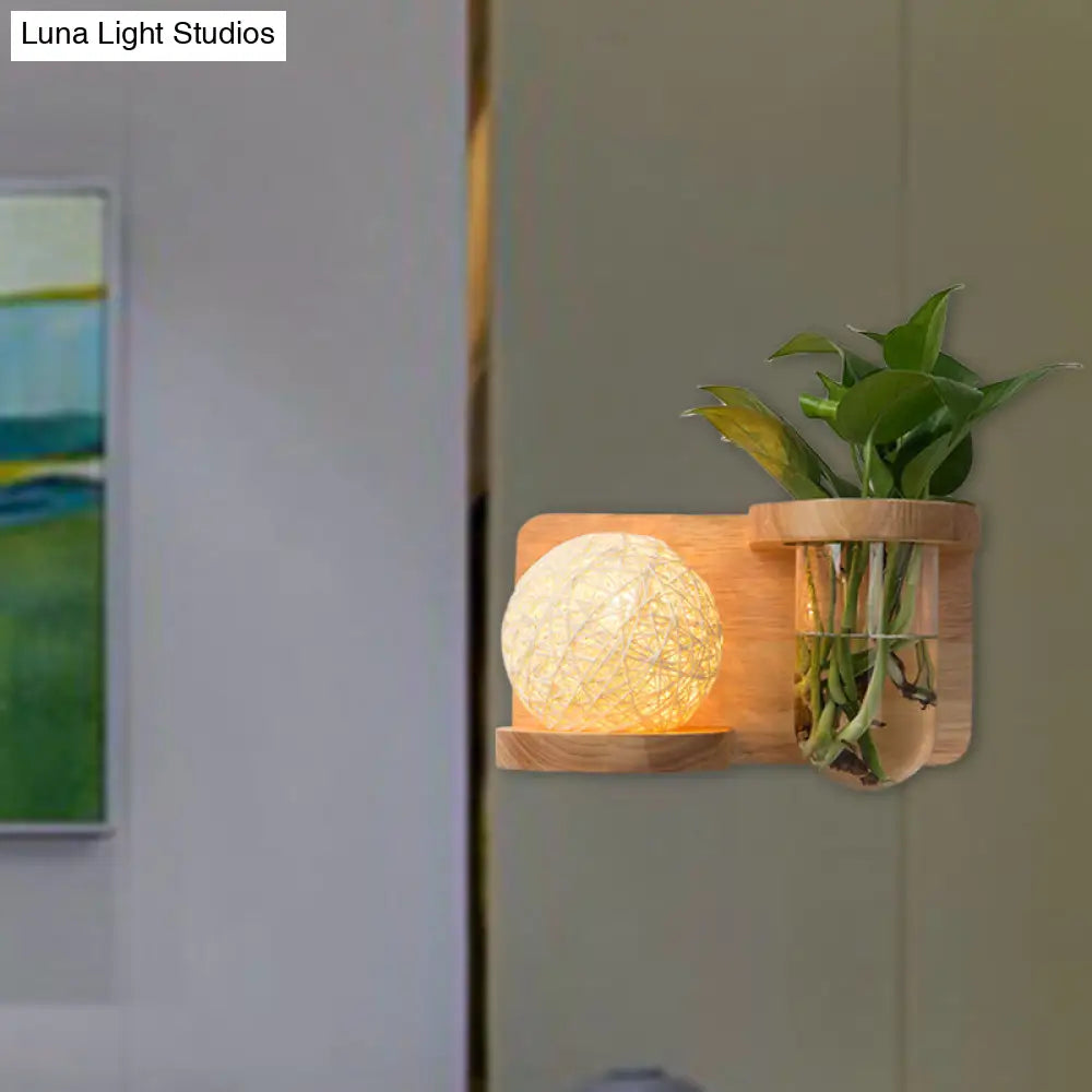 Industrial Wood Opal Glass Led Wall Sconce - 1 Head Barrel/Globe Light Fixture For Living Room