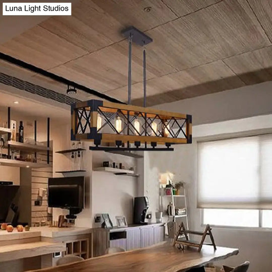 Industrial Wood Rectangular Island Chandelier Light For Living Room Decor