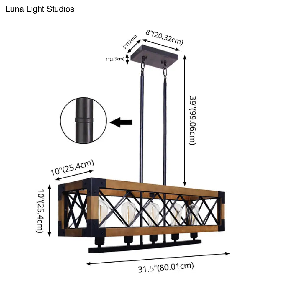 Industrial Wood Rectangular Island Chandelier Light For Living Room Decor