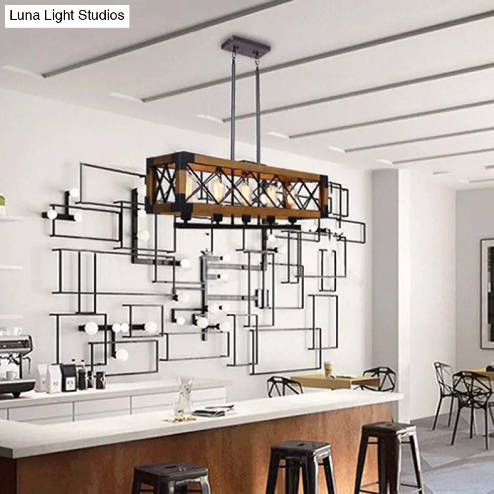 Industrial Wood Rectangular Island Chandelier Light For Living Room Decor