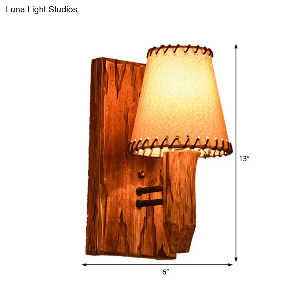 Industrial Wood Sconce Light Fixture For Dining Room - 1/2-Light Tapered Wall Lamp With Fabric Shade