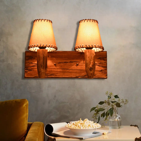 Industrial Wood Sconce Light Fixture For Dining Room - 1/2-Light Tapered Wall Lamp With Fabric Shade