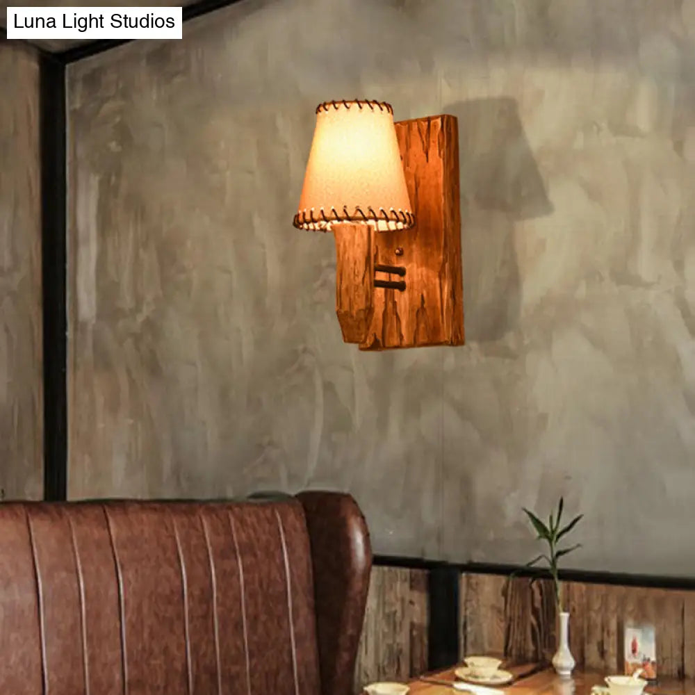 Industrial Wood Sconce Light Fixture For Dining Room - 1/2-Light Tapered Wall Lamp With Fabric Shade