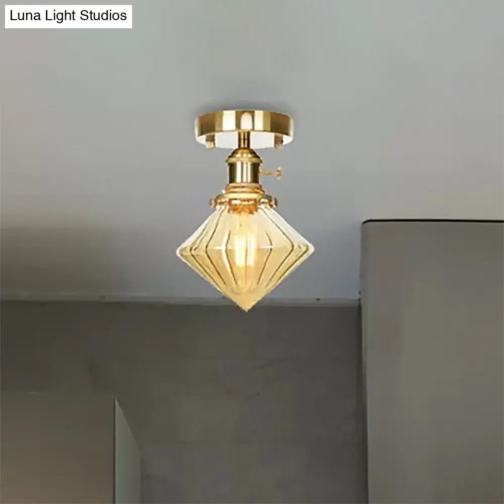 Industrially Styled Gem Shade Semi Flush Light For Living Rooms With Prismatic Glass And