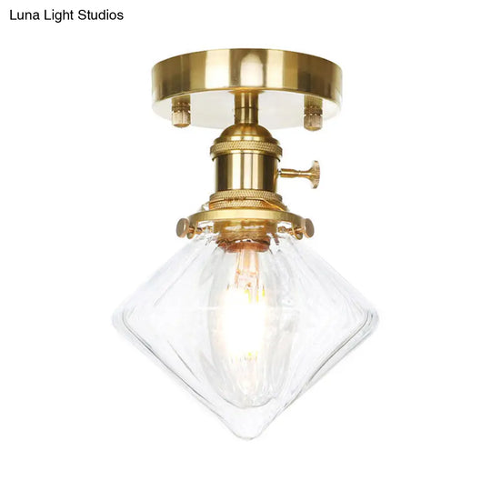 Industrially Styled Gem Shade Semi Flush Light For Living Rooms With Prismatic Glass And Clear/Amber
