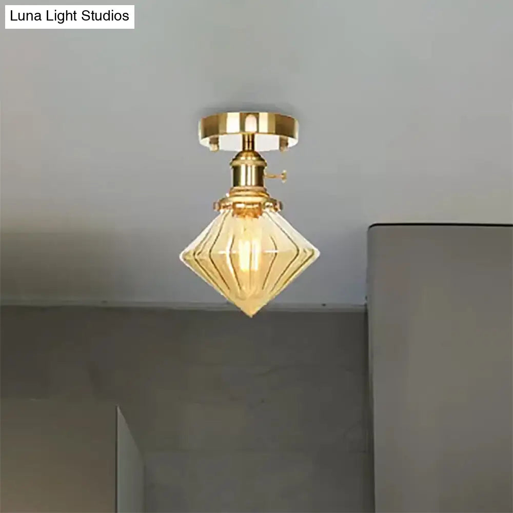 Industrially Styled Gem Shade Semi Flush Light For Living Rooms With Prismatic Glass And Clear/Amber