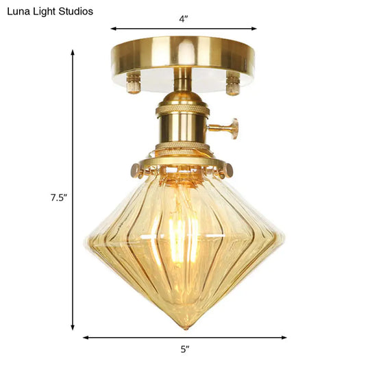Industrially Styled Gem Shade Semi Flush Light For Living Rooms With Prismatic Glass And