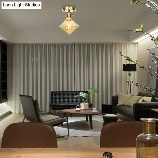 Industrially Styled Gem Shade Semi Flush Light For Living Rooms With Prismatic Glass And Clear/Amber
