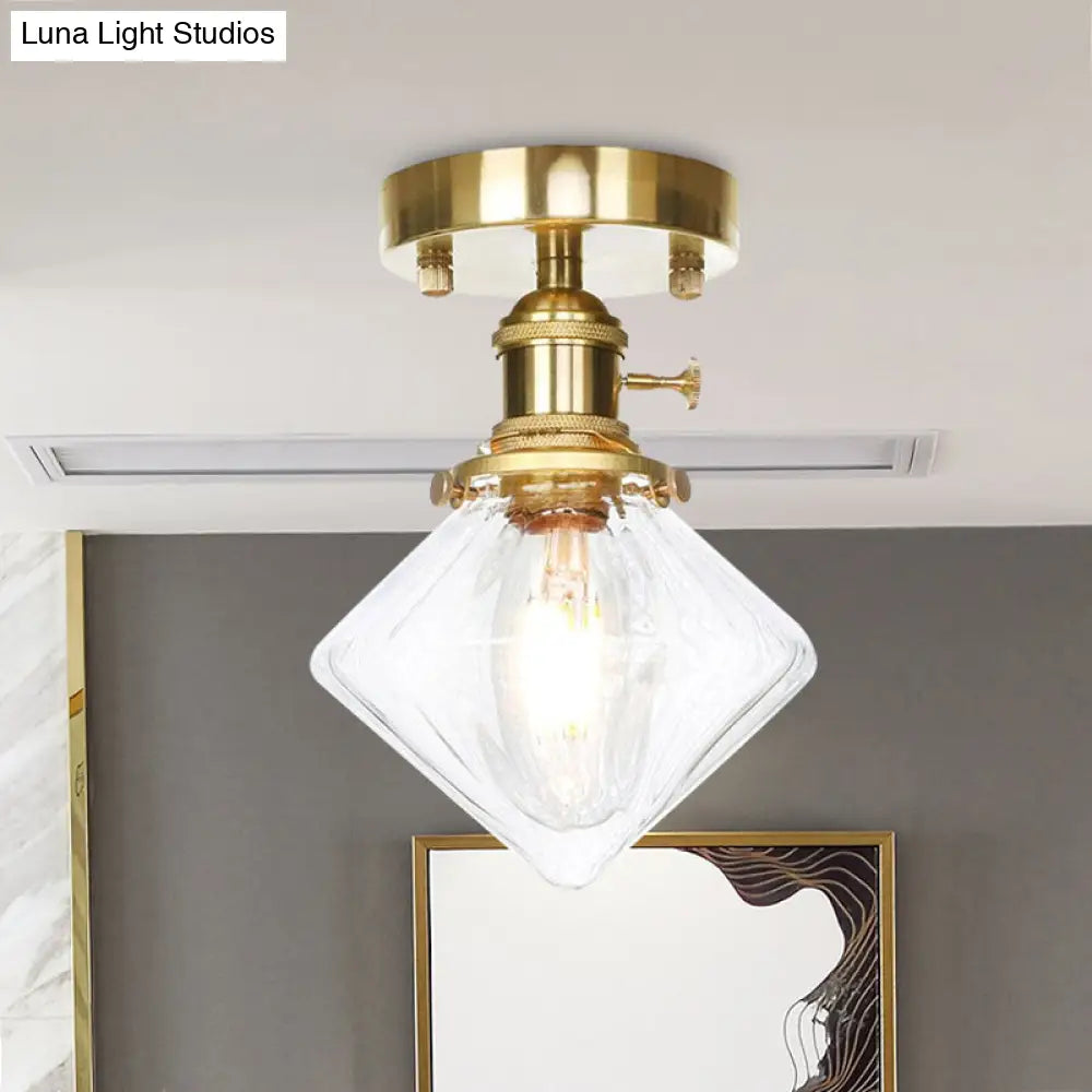 Industrially Styled Gem Shade Semi Flush Light For Living Rooms With Prismatic Glass And Clear/Amber