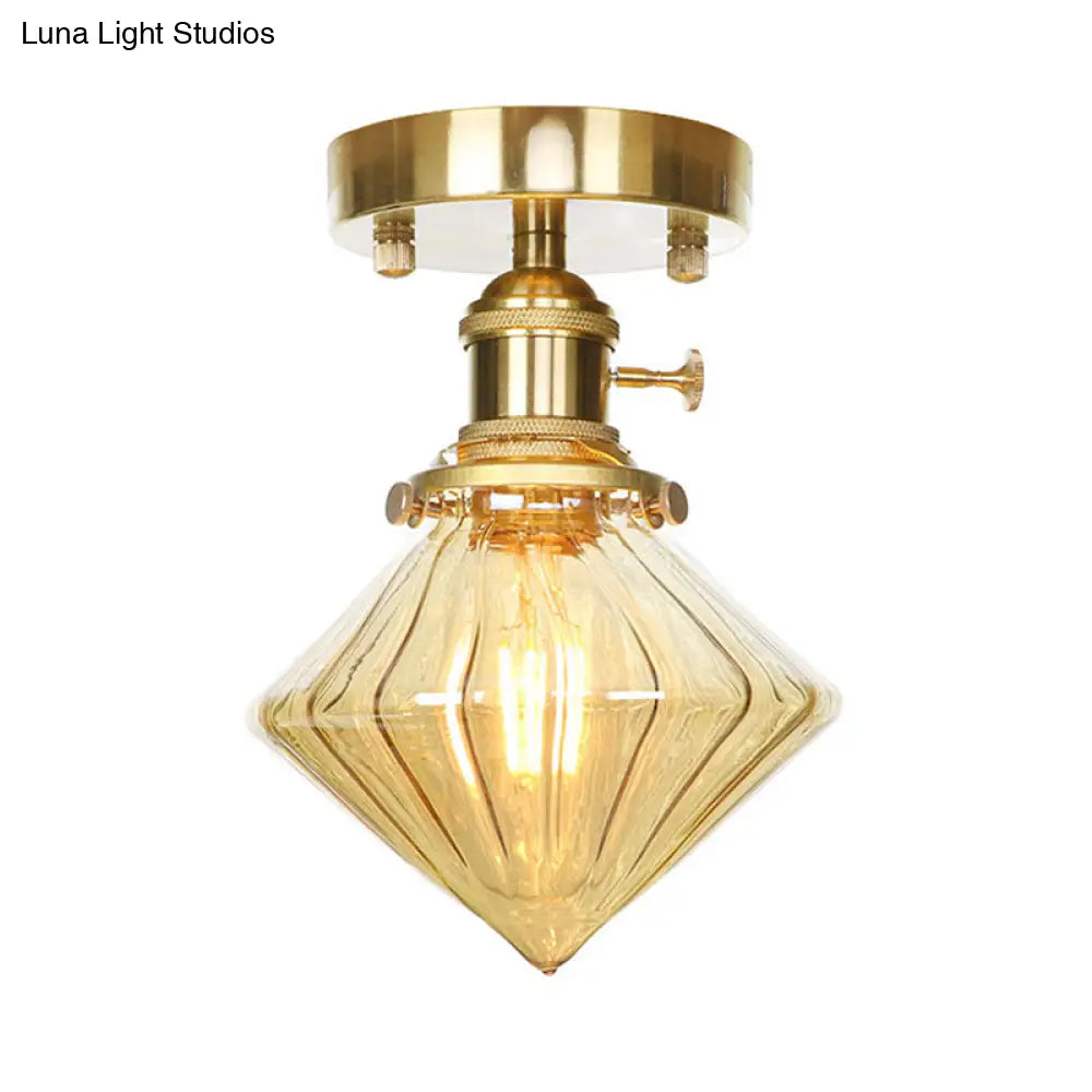 Industrially Styled Gem Shade Semi Flush Light For Living Rooms With Prismatic Glass And