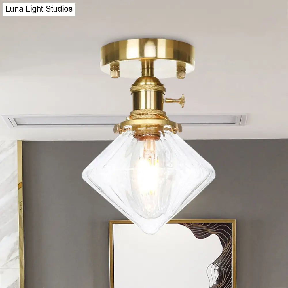 Industrially Styled Gem Shade Semi Flush Light For Living Rooms With Prismatic Glass And