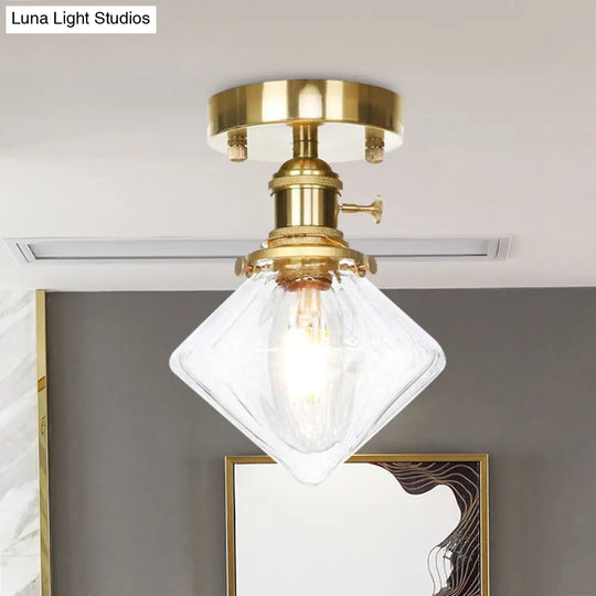 Industrially Styled Gem Shade Semi Flush Light For Living Rooms With Prismatic Glass And