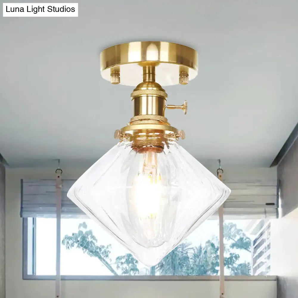 Industrially Styled Gem Shade Semi Flush Light For Living Rooms With Prismatic Glass And