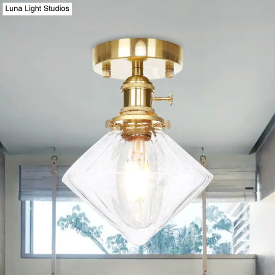 Industrially Styled Gem Shade Semi Flush Light For Living Rooms With Prismatic Glass And