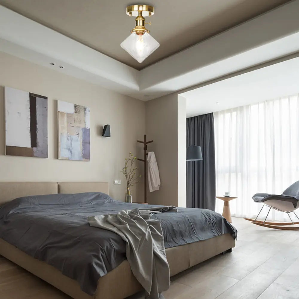 Industrially Styled Gem Shade Semi Flush Light For Living Rooms With Prismatic Glass And