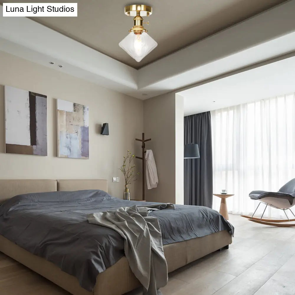 Industrially Styled Gem Shade Semi Flush Light For Living Rooms With Prismatic Glass And Clear/Amber