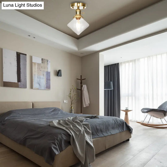 Industrially Styled Gem Shade Semi Flush Light For Living Rooms With Prismatic Glass And Clear/Amber