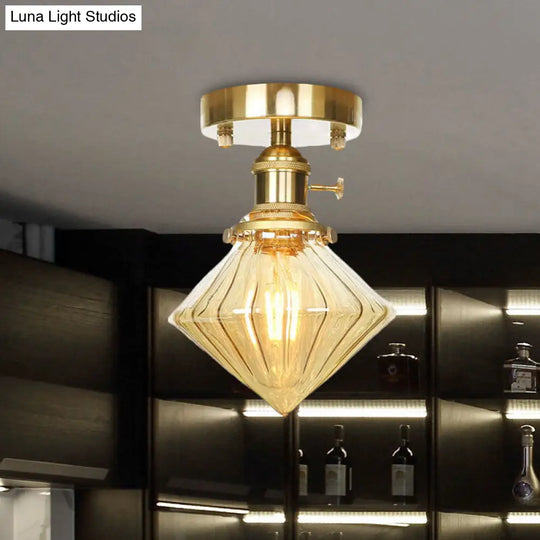 Industrially Styled Gem Shade Semi Flush Light For Living Rooms With Prismatic Glass And Clear/Amber