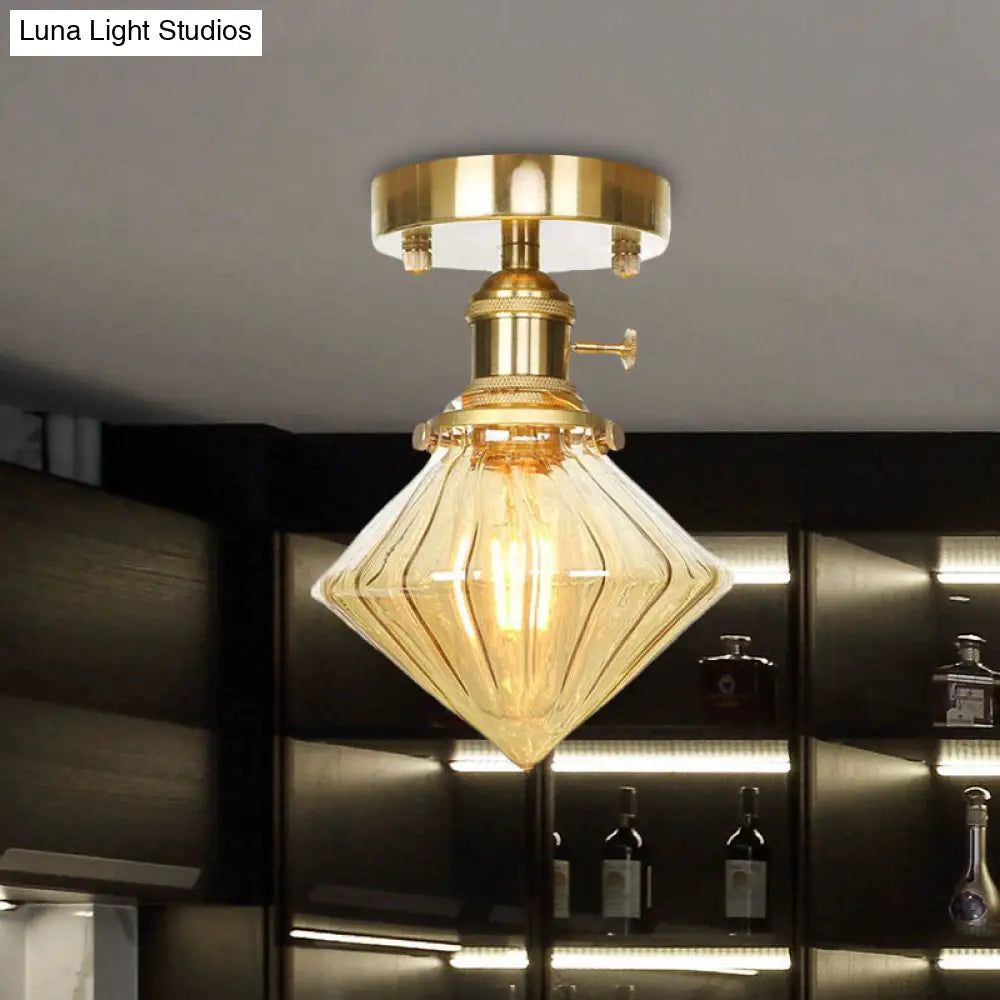 Industrially Styled Gem Shade Semi Flush Light For Living Rooms With Prismatic Glass And