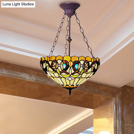 Inverted Tiffany Style Stained Glass Bedroom Chandelier In Yellow By Victoria Design