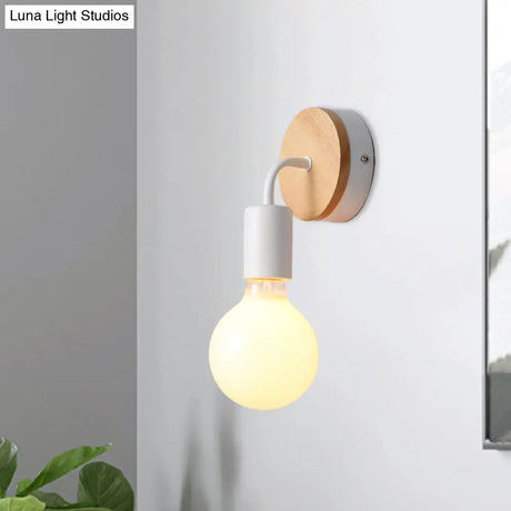 Iron Bend Rotatable Wall Lighting Minimalist Sconce - 1 Head Black/White-Wood With Exposed Bulb