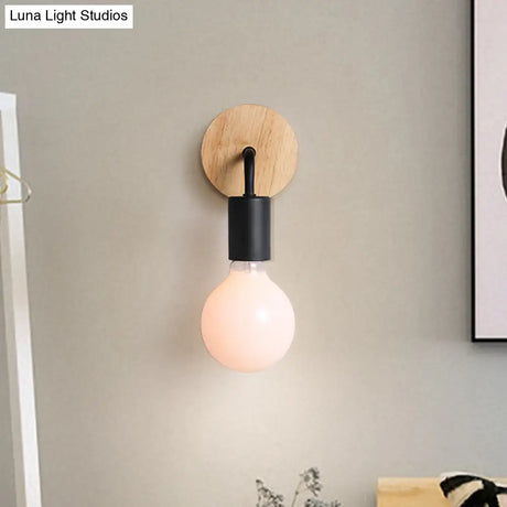 Iron Bend Rotatable Wall Lighting Minimalist Sconce - 1 Head Black/White-Wood With Exposed Bulb
