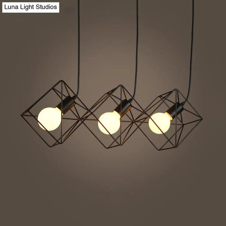 Iron Black Cube Cage Pendant Lamp - Industrial Style With 3 Bulbs Multiple Hanging Lights