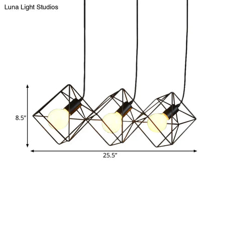 Iron Black Cube Cage Pendant Lamp - Industrial Style With 3 Bulbs Multiple Hanging Lights