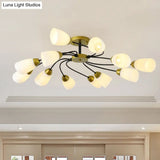 Iron Black/Gold Ceiling Spiral Semi Flush Mount Light With Tapered White Glass Shade - 9/12-Head