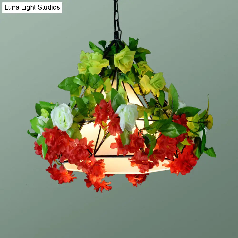 Diamond Cage Hanging Light Kit With Single Bulb Industrial Iron Ceiling Pendant And Decorative Plant