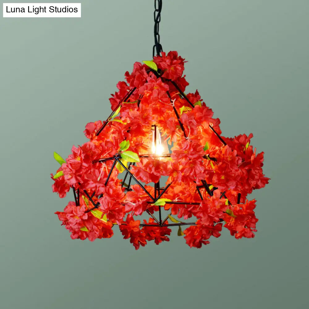 Diamond Cage Hanging Light Kit With Single Bulb Industrial Iron Ceiling Pendant And Decorative Plant