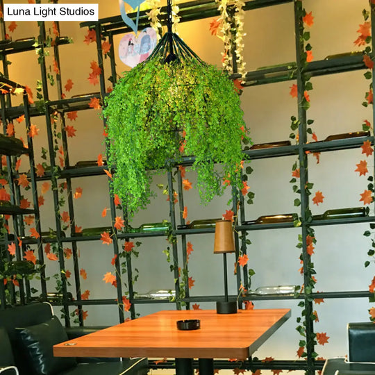 Iron Cage Hanging Pendant Light With Diamond Bulb And Decorative Plant