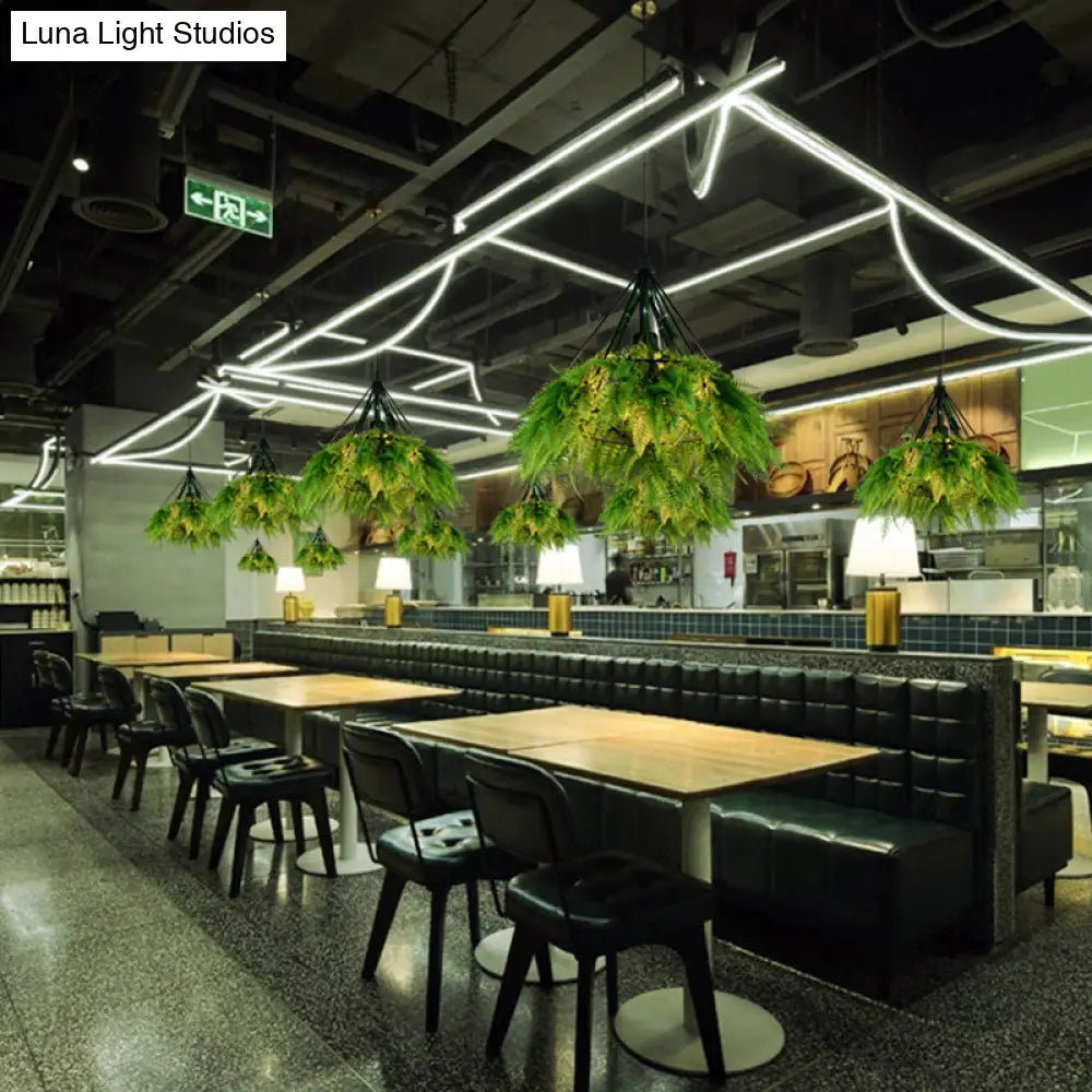 Iron Cage Hanging Pendant Light With Diamond Bulb And Decorative Plant
