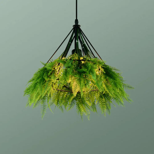 Iron Cage Hanging Pendant Light With Diamond Bulb And Decorative Plant Green