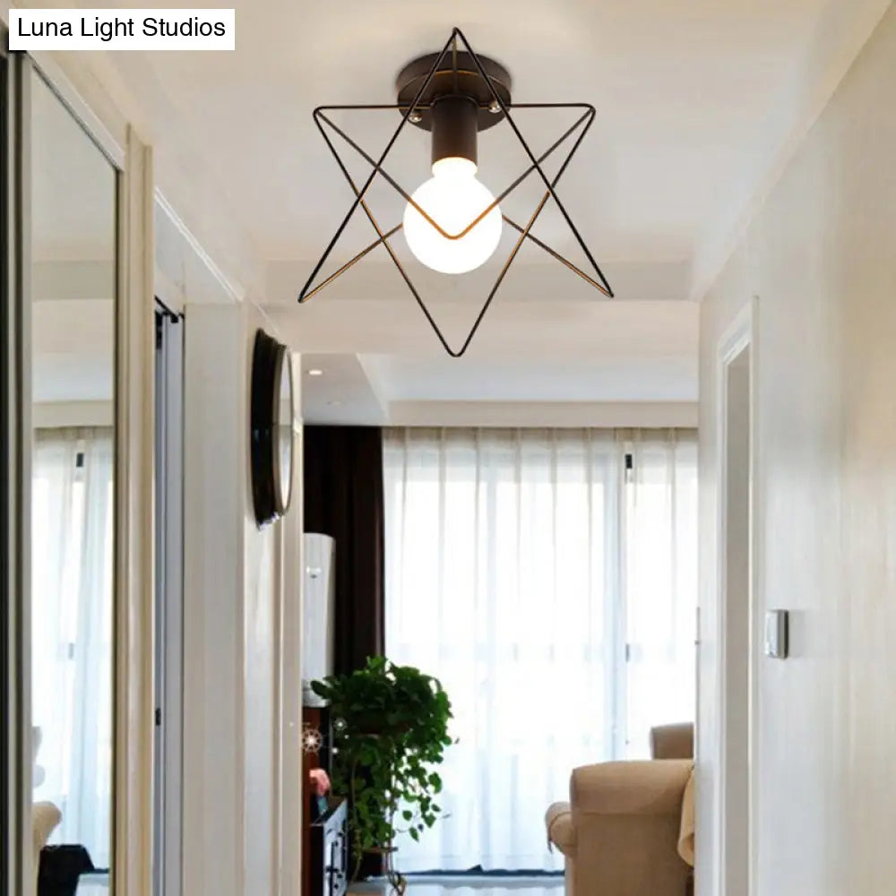 Iron Caged Flush Mount Ceiling Lamp - Industrial Style With 1-Bulb Black / Star