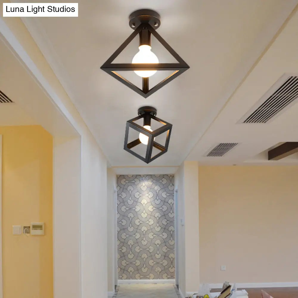 Iron Caged Flush Mount Ceiling Lamp - Industrial Style With 1-Bulb Black