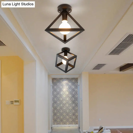 Iron Caged Flush Mount Ceiling Lamp - Industrial Style With 1-Bulb Black